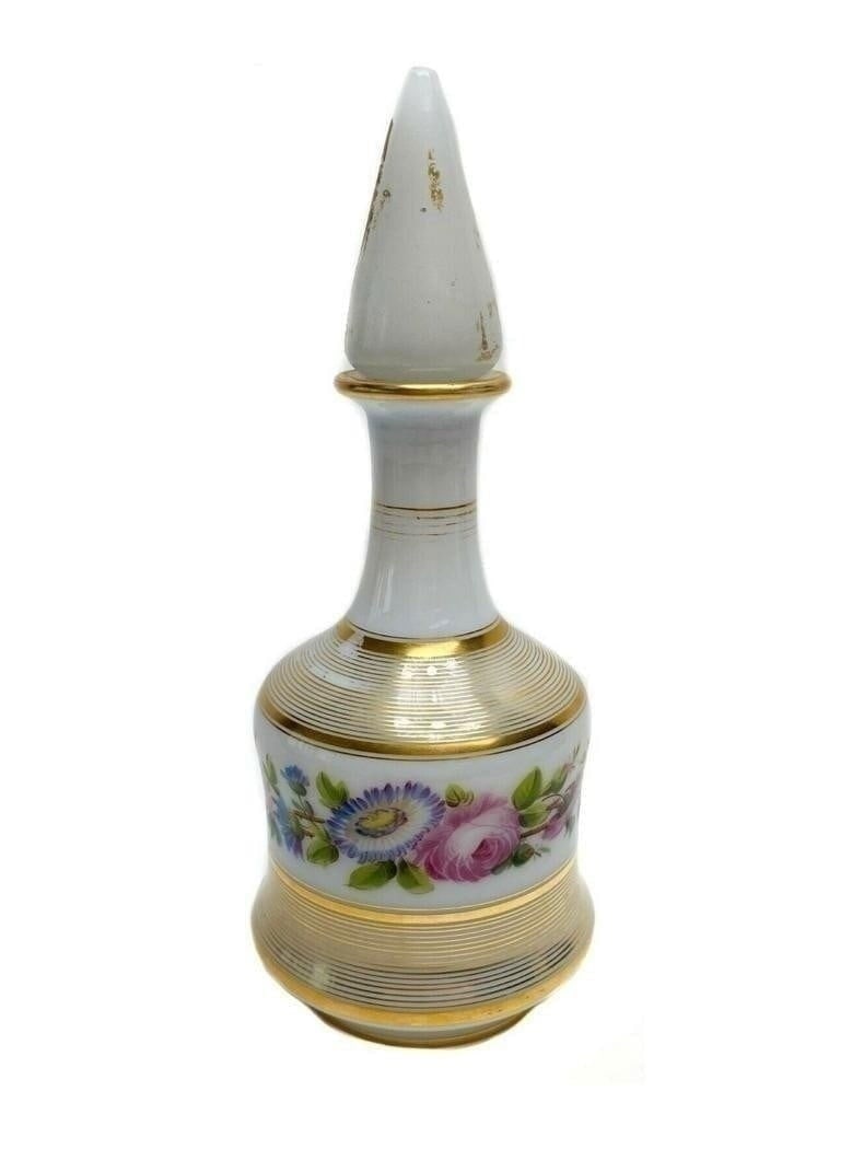Opaline Hand Painted Floral Decanter with Gilt Decorations & Pointed Stopper (1 of 9)