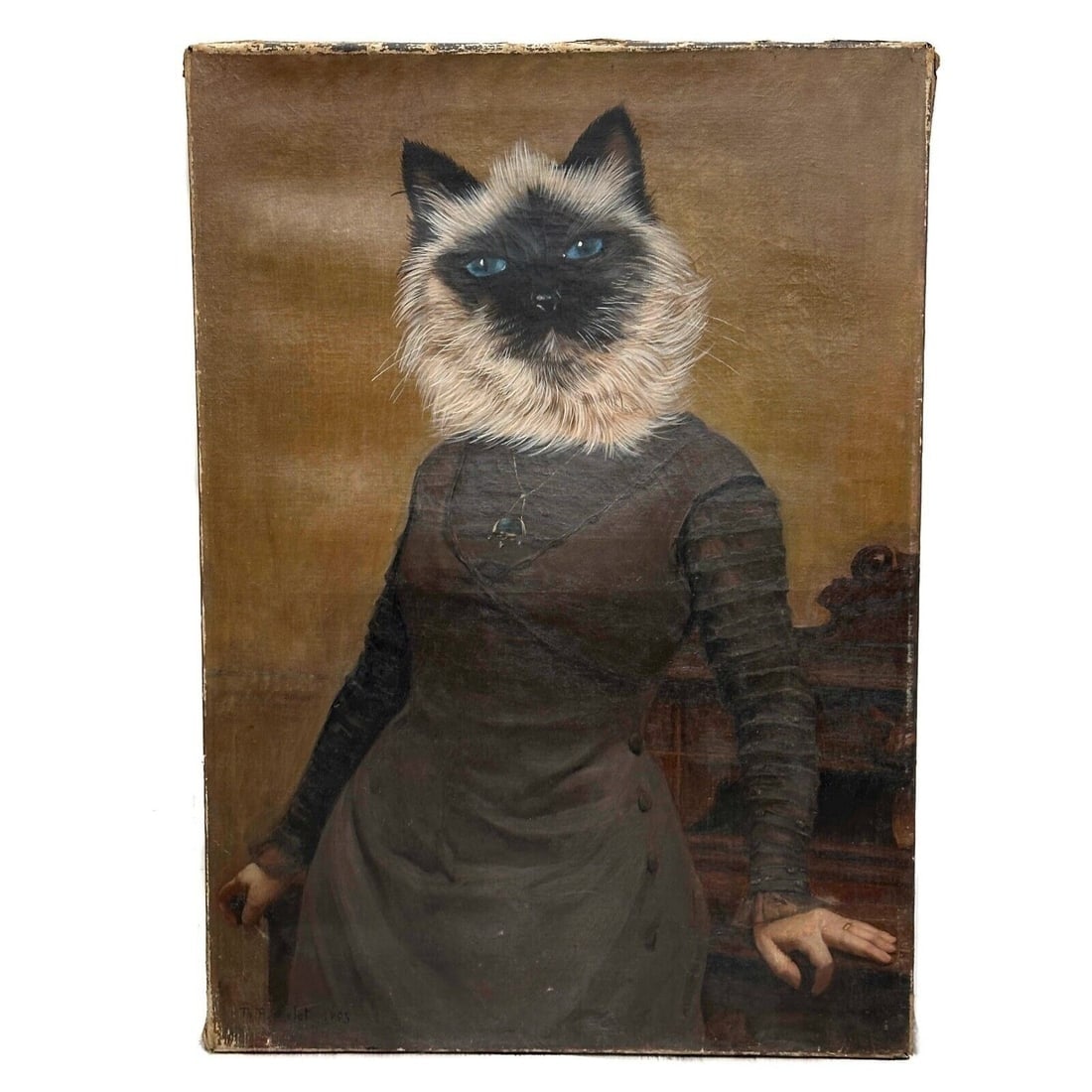 Thierry Poncelet Anthropomorphic Portrait Siamese Cat Oil on Canvas Painting 95: Thierry Poncelet (Belgian, b. 1946) anthropomorphic portrait of a Siamese cat. Originally earlier oil on canvas painting depicting a portrait, in typical Poncelet fashion, the portrait face replaced b