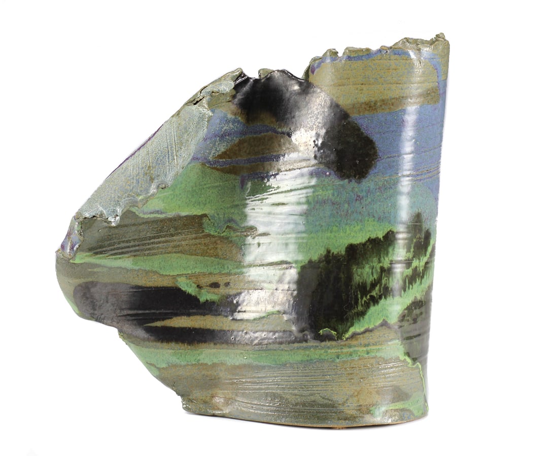 Studio Pottery Vase - Organic free form, slab style piece Signed, Blue & Green: Studio Pottery Vase - Organic free form, slab style piece with dramatic painterly stripes of green, blue black. Signed. Measurements: Approx. 11" height x 11" x 4.75" Condition: Excellent condition, g