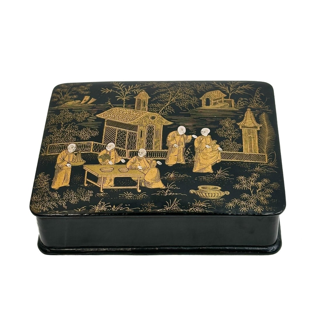 Japanese Laquer Wood Box Scene with Figures circa 1900 (1 of 5)