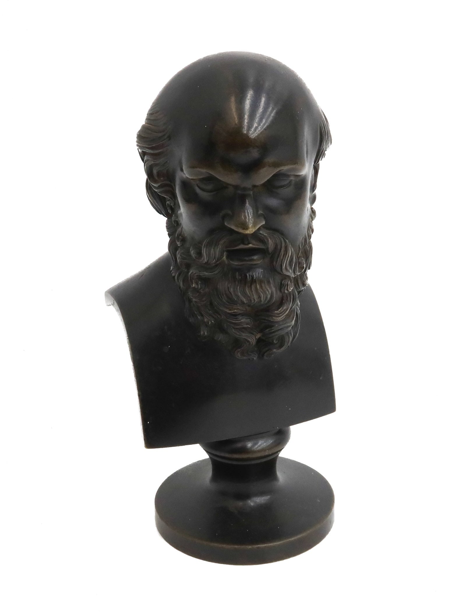 Italian 18th Century Patinated Bronze Bust of Socrates: Italian Patinated Bronze Bust of Socrates, probably 18th century. Unmarked. Weight Approx., 2 lbs Measures Approx., 2.75 inches x 3.125 inches x 6.25 inches tall Domestic Shipping:$60