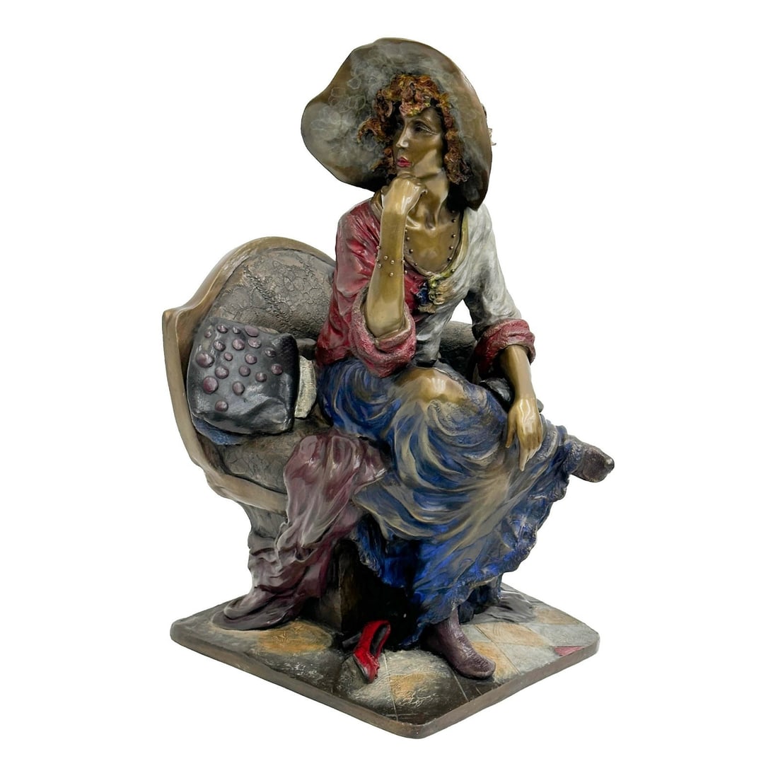 Isaac Maimon At the Ball Patinated & Cold Painted Bronze Sculpture AP Ltd Ed/25: Isaac Maimon "At the Ball" Patinated and Cold Painted Bronze Sculpture. Depicts a woman seated in a chair. Back with signature, marked AP, and numbered out of 25 Weight: Approx. 30 lbs Measurements: A