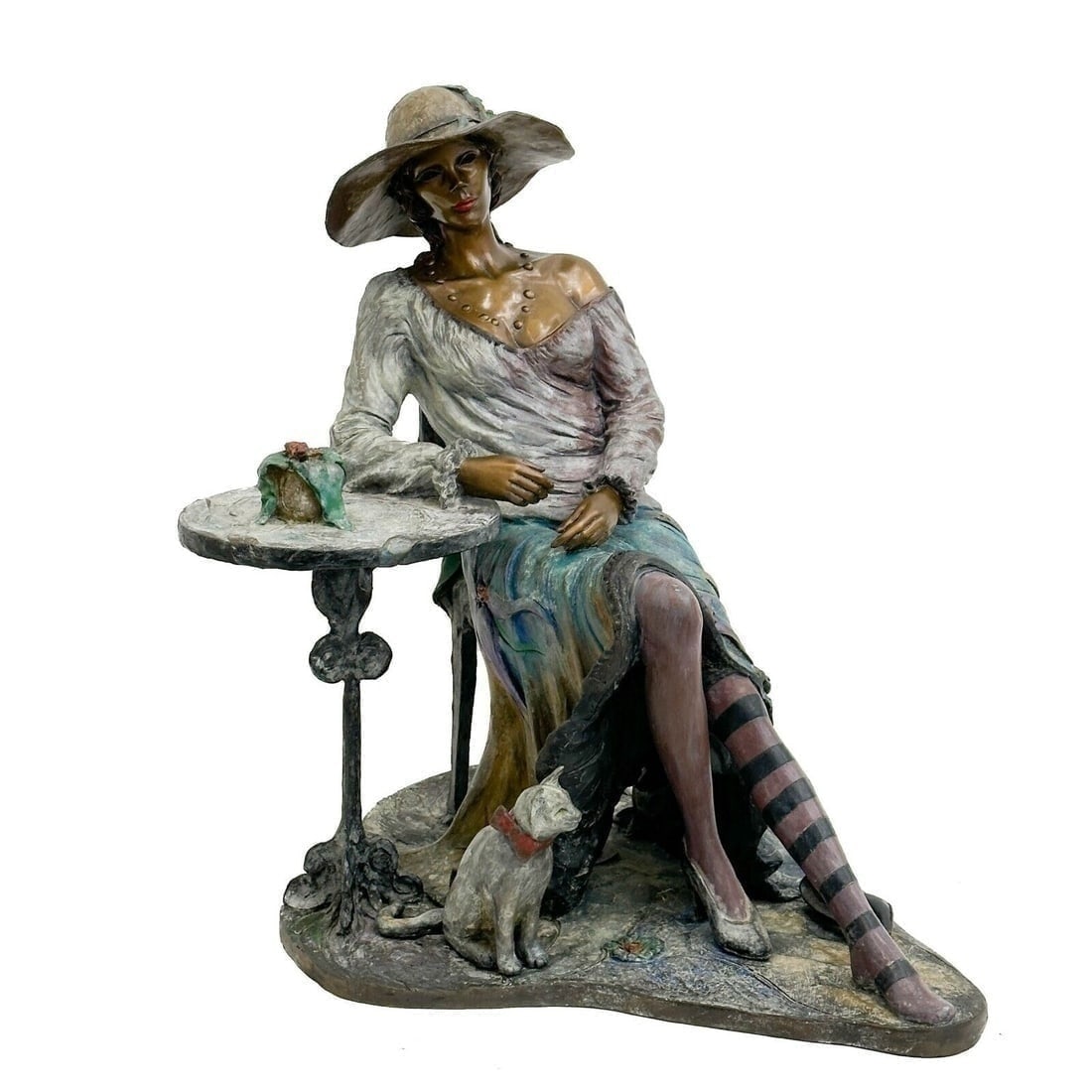 Isaac Maimon Gabrielles Cat Patinated & Cold Painted Bronze Sculpture Ltd Ed/150: Isaac Maimon Gabrielle's Cat Patinated and Cold Painted Bronze Sculpture Ltd Ed/150. Sculpture depicts a seated woman with a cat. Base marked Maimon, numbered out of 150. Weight: Approx. 36 lbs Measur