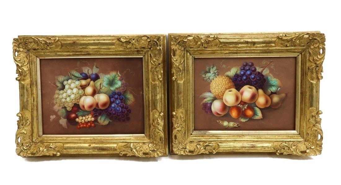 Pair English Hand Painted Porcelain Still Life Fruit Plaques circa 1900: Pair English hand painted porcelain still life plaques, circa 1900. Hand painted fruits to center. Possibly Derby, but in a later gilt wood frame. Weight: Approx. 10 lbs Measurements: Approx. Plaque: 