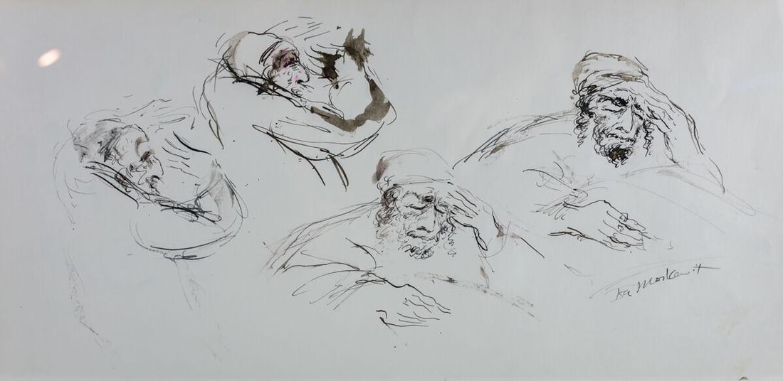 Ira Moskowitz (American 1912-2001) Pen & Ink on Paper Two Studies of Rabbis: Ira Moskowitz (American, 1912-2001) pen and ink drawing on paper of two studies of rabbi reading Torah, reciting Sh'ma (Shema). Shema or Sh'ma refers to covering the eyes with the right hand whilst re