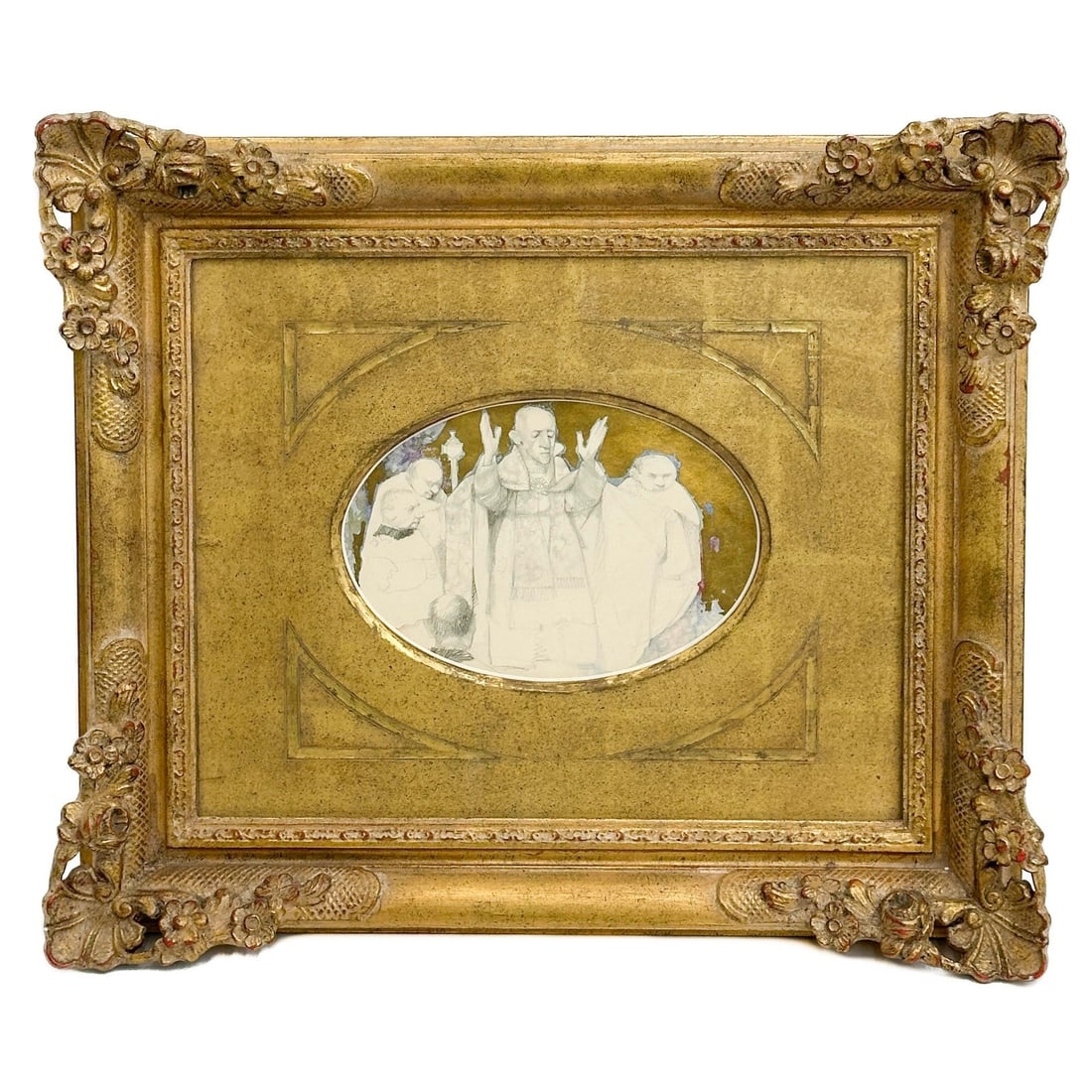 Charles Bragg The Blessing Original Mixed Media Graphite Gold Drawing Framed: Charles Bragg (American, 1931-2017) "The Blessing" Original Mixed Media Graphite and Gold Drawing. Depicts figures to the center in graphite with a gold background. Mounted in a gilt wood frame behind