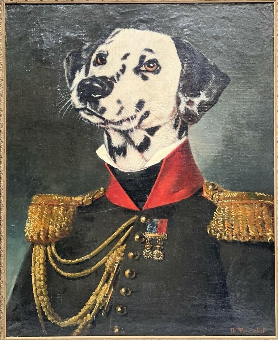 Thierry Poncelet Anthropomorphic Portrait of a Dalmatian Dog Military Oil Canvas: Thierry Poncelet (Belgian, b. 1946) anthropomorphic portrait of a Dalmatian dog, possibly circa 1990. Originally mid-19th century or earlier oil on canvas depicting a senior military officer. In typic