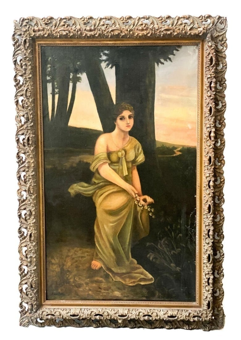 ADM Cooper (American 19th Century) Oil on Canvas Painting of a Seated Beauty: Astley David Middleton "ADM" Cooper (American 19th Century) Oil on Canvas Painting of a Seated Beauty. The portrait depicts a seated beauty in a green off the shoulder dress and holding white flowers 