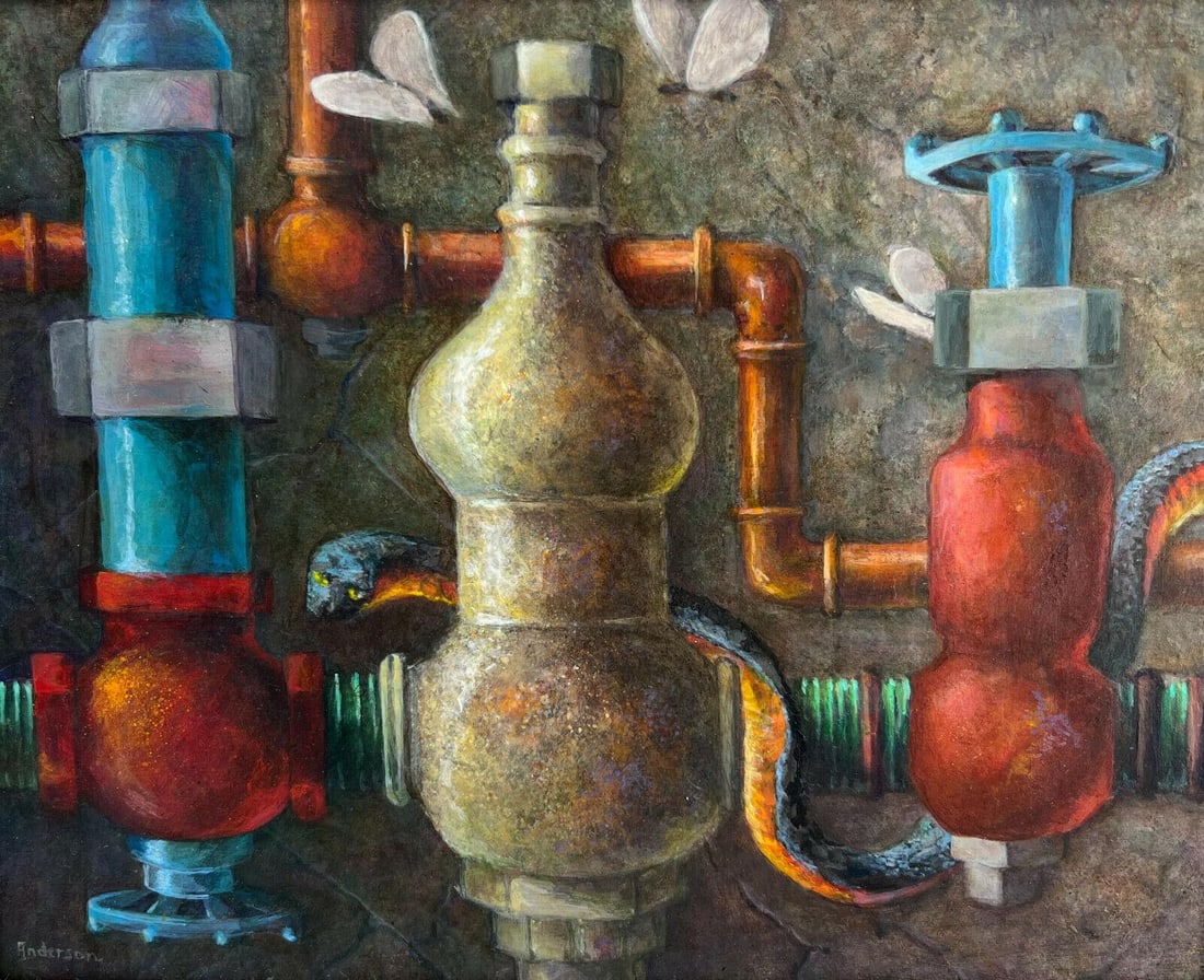 Anne Anderson (American 20th Century) Oil on Board Still Life Snake and Pipes: Anne Anderson (American 20th Century) oil on board, Still Life depicting a snake slithering through drain pipes. Artist signed to the lower edge. In a gilt wood frame. Weight: Approx. 1 lbs Measuremen