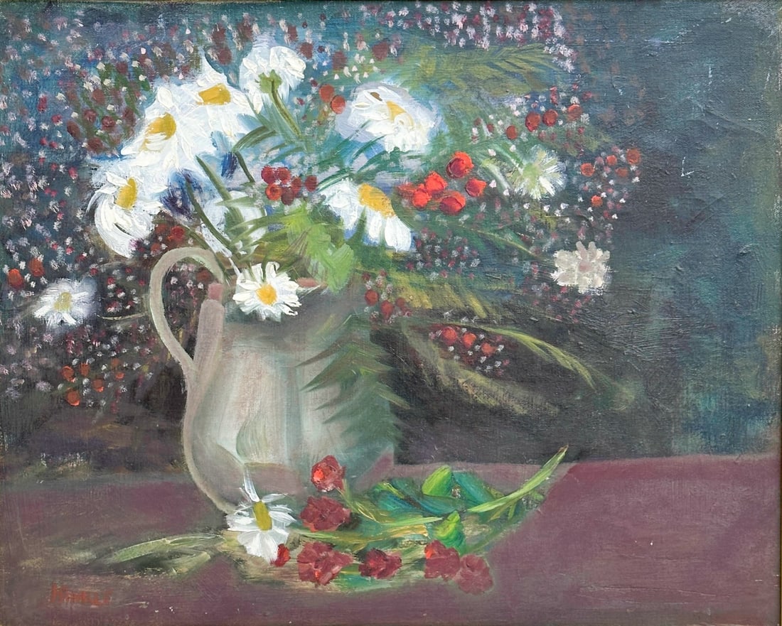 Clarence Hinkle American Oil on Canvas Painting Still Life Flowers Signed Framed: Clarence Hinkle (American 1880-1960) Oil on Canvas Still Life Painting. Painting depicts a pitcher of flowers on a table. Signed Hinkle to lower left, mounted in a gilt wooden frame. Weight: Approx. 1