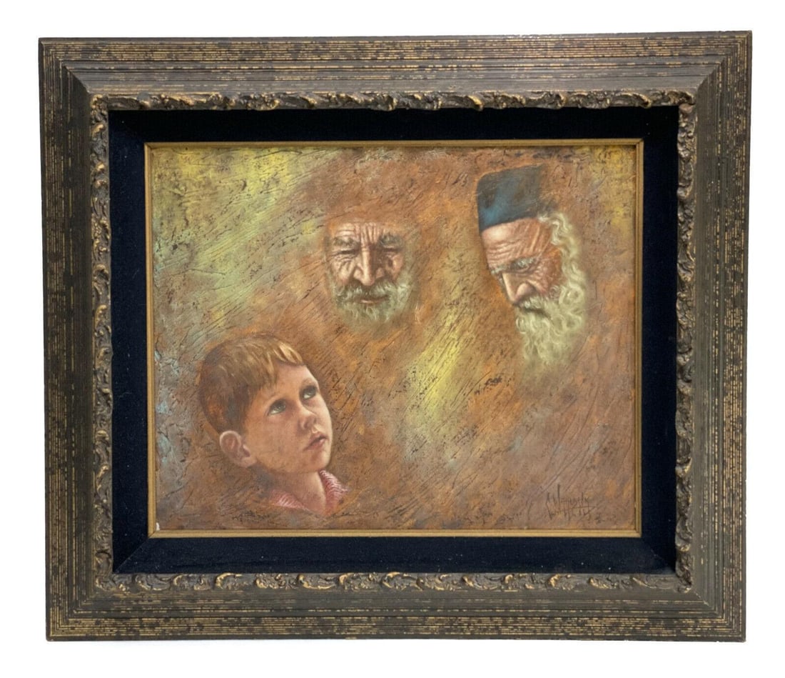 Carlo Wahlbeck (American 20th Century) Oil on Canvas Painting, Rabbis and Boy (1 of 7)