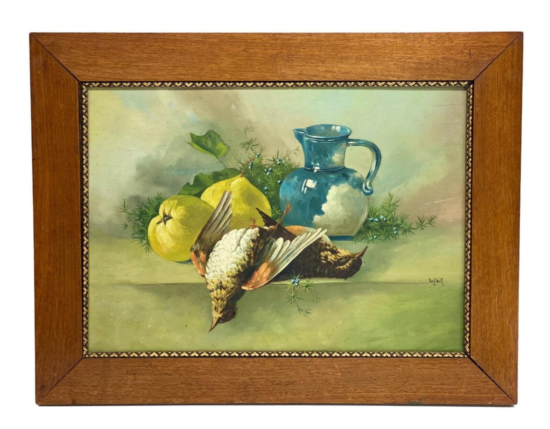 Bert Wolf (Austrian) Oil on Board Painting, Still Life 1924: Bert Wolf (Austrian) oil on board painting, Still Life, 1924. The painting depicts two fruits and a pitcher with two dead birds. Artist signed to the lower right. In a modern wood frame. Measurements: