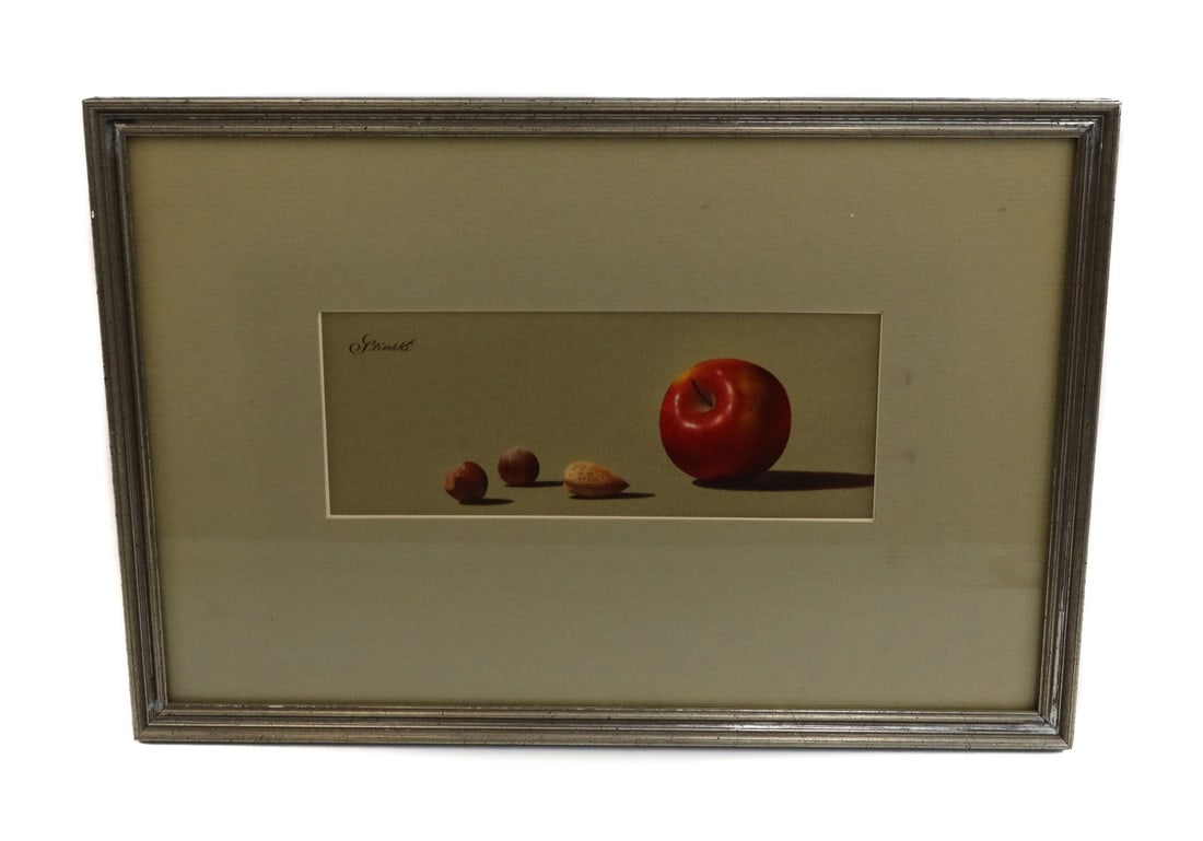 Gerald (American 20th Century) Oil on Board Painting Apple and Nuts: Gerald Stinski (American 20th Century) Oil on Board Painting Apple and Nuts. The painting depicts one apple with 2 chestnuts and 1 almond. Signed "Stinski" to upper left. Framed and matted in a silver