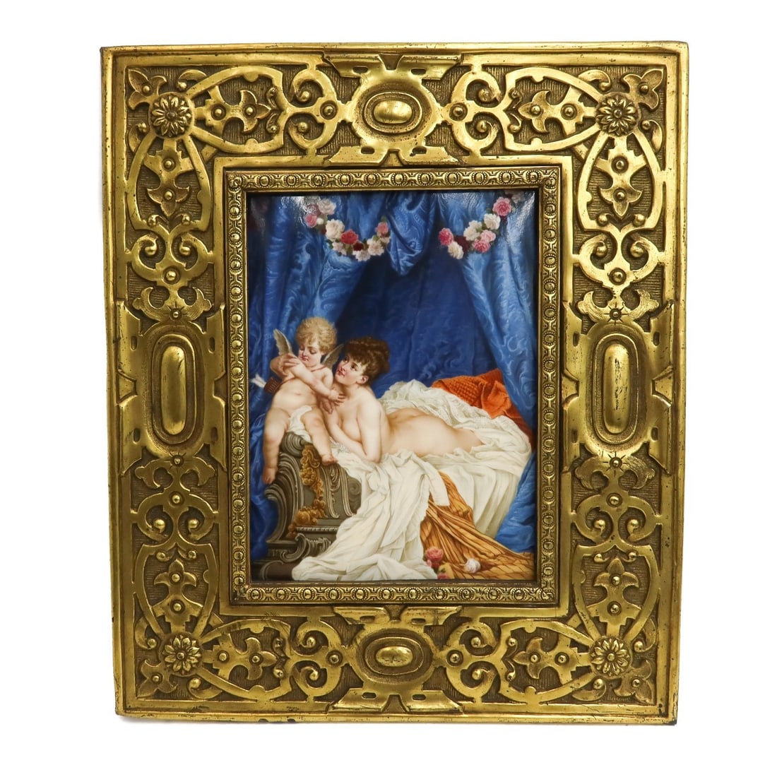 KPM Berlin Hand Painted Porcelain Plaque Venus and Cupid Late 19th Century: KPM Berlin hand painted porcelain plaque Venus and Cupid, Late 19th Century. The plaque depicts Venus lounging in blue curtained room and embracing cupid. Artist signed "EMS" to lower right. Impressed