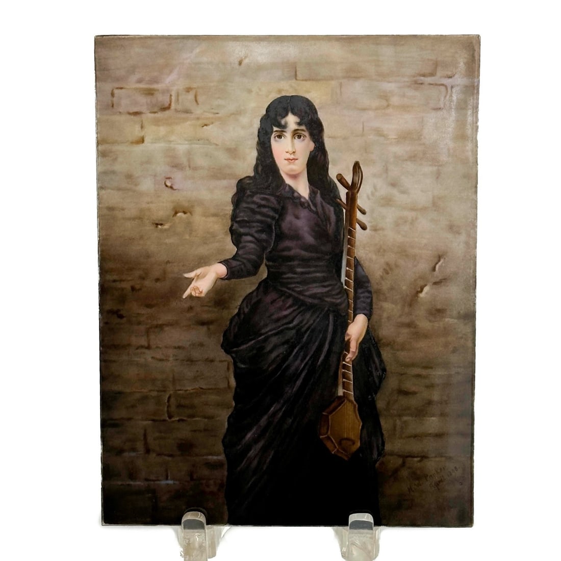Hand Painted Porcelain Portrait Plaque HW Parker Signed 1898: Hand Painted Porcelain Portrait Plaque. Depicts a portrait of a woman with an instrument. Lower edge signed H.W. Parker April 1898 Weight: Approx. 2 lb Measurements: Approx. 7.5 inches x 9.75 inches x