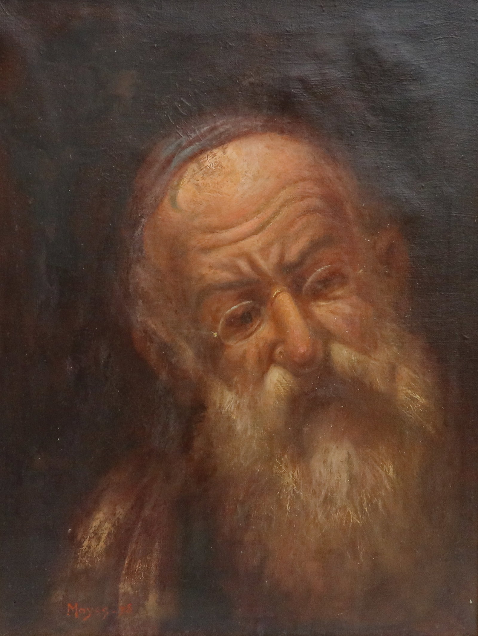 Edouard Moyse (French 1827-1908) Oil on Canvas Painting of a Rabbi 1878: Edouard Moyse (French 1827-1908) Oil on Canvas Painting of a Rabbi 1878. The painting depicts a portrait of a Rabbi with glasses in a downward gaze. Signed "Moyse 78" in red to the lower left. Mounted