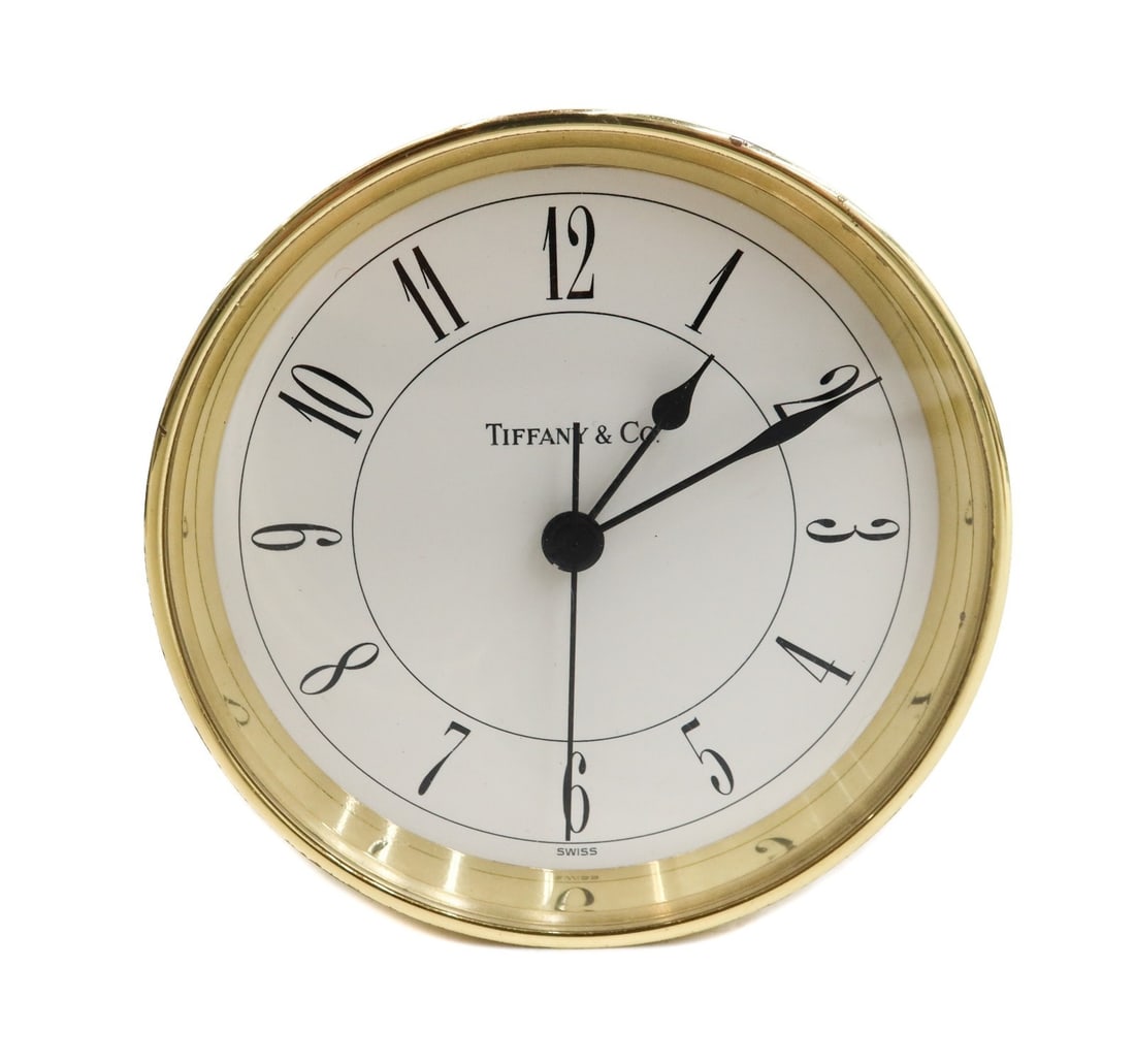 Tiffany & Co Round Brass Desk Clock Swiss Made #215728 (1 of 7)