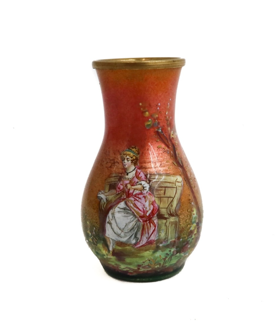 French Hand Painted Enamel Miniature Vase by Lery Figural Beauty c1900 (1 of 8)
