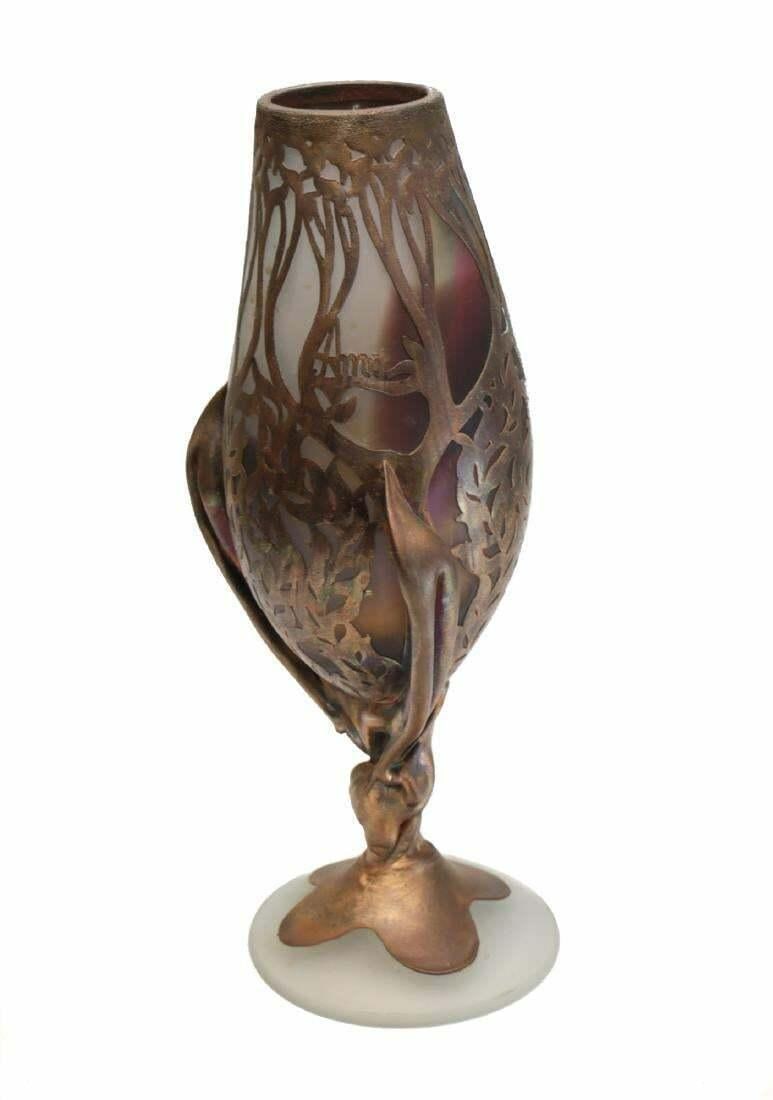 AMA Romania Art Glass Vase with Copper: A free form mouth bowl art glass vase with copper overlay by AMA Art Glass Collection Romania. Handcraft, hand painted and overlayed with layers of copper. Made in Romania. Measurements: Approx. 12 in