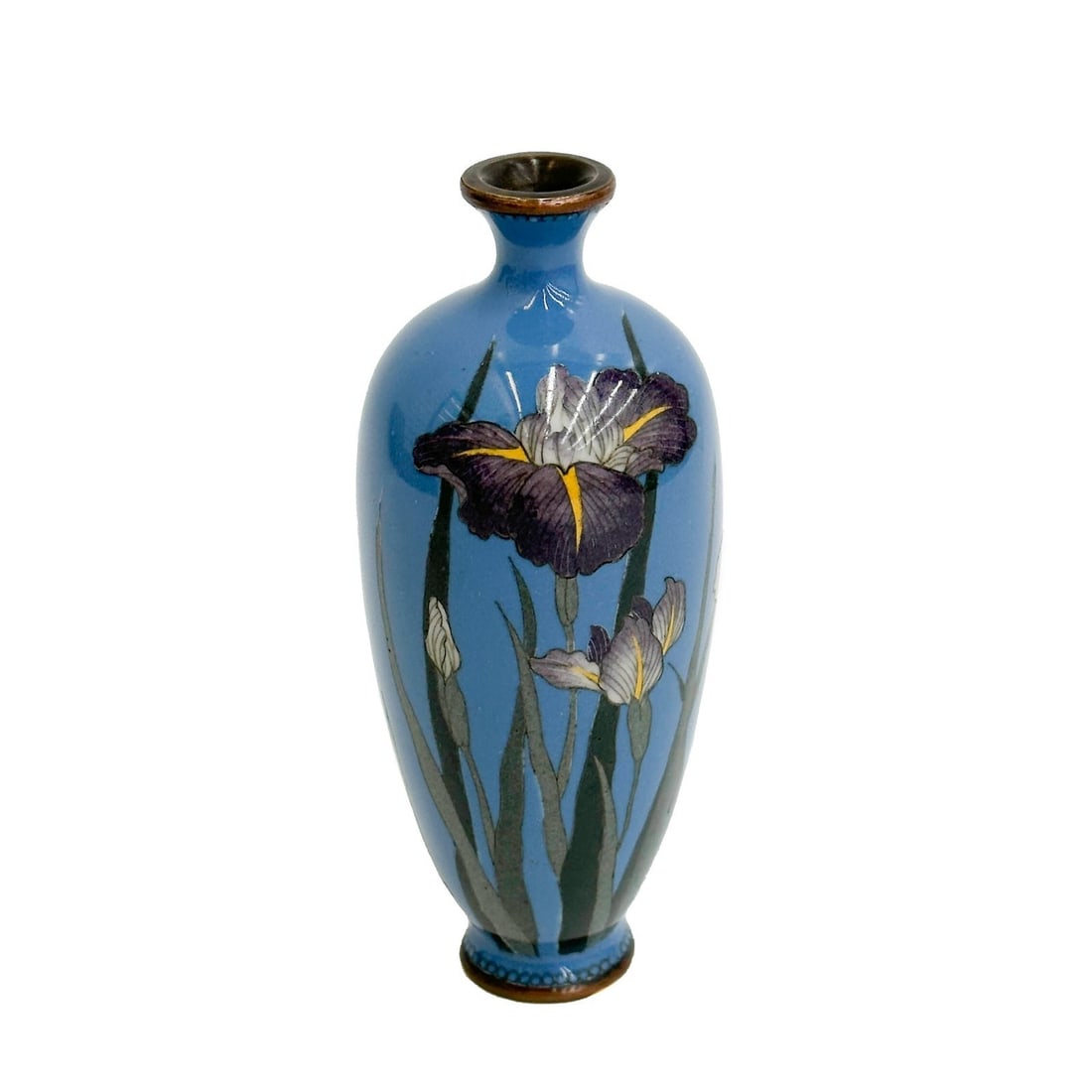 Japanese Cloisonne Enamel Bronze Vase Iris Flowers Meiji Period: Japanese Cloisonne Enamel Bronze Vase, Meiji Period. A blue ground decorated with iris flowers to the body. Weight: Approx. .5 lb Measurements: Approx. 2 inches diameter x 4.75 inches tall Condition: 