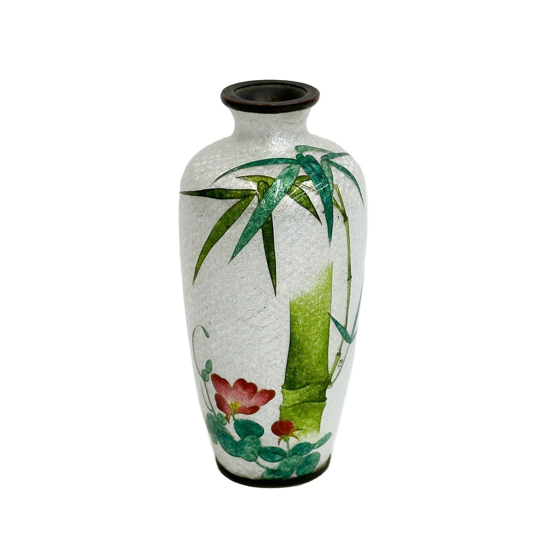 Japanese Ginbari Cloisonne Enamel Bronze Vase Bamboo Meiji Period: Japanese Ginbari Cloisonne Enamel Bronze Vase, Meiji Period. A white ground decorated with bamboo to the body. Weight: Approx. .5 lb Measurements: Approx.2.25 inches diameter x 4.75 inches tall Condit