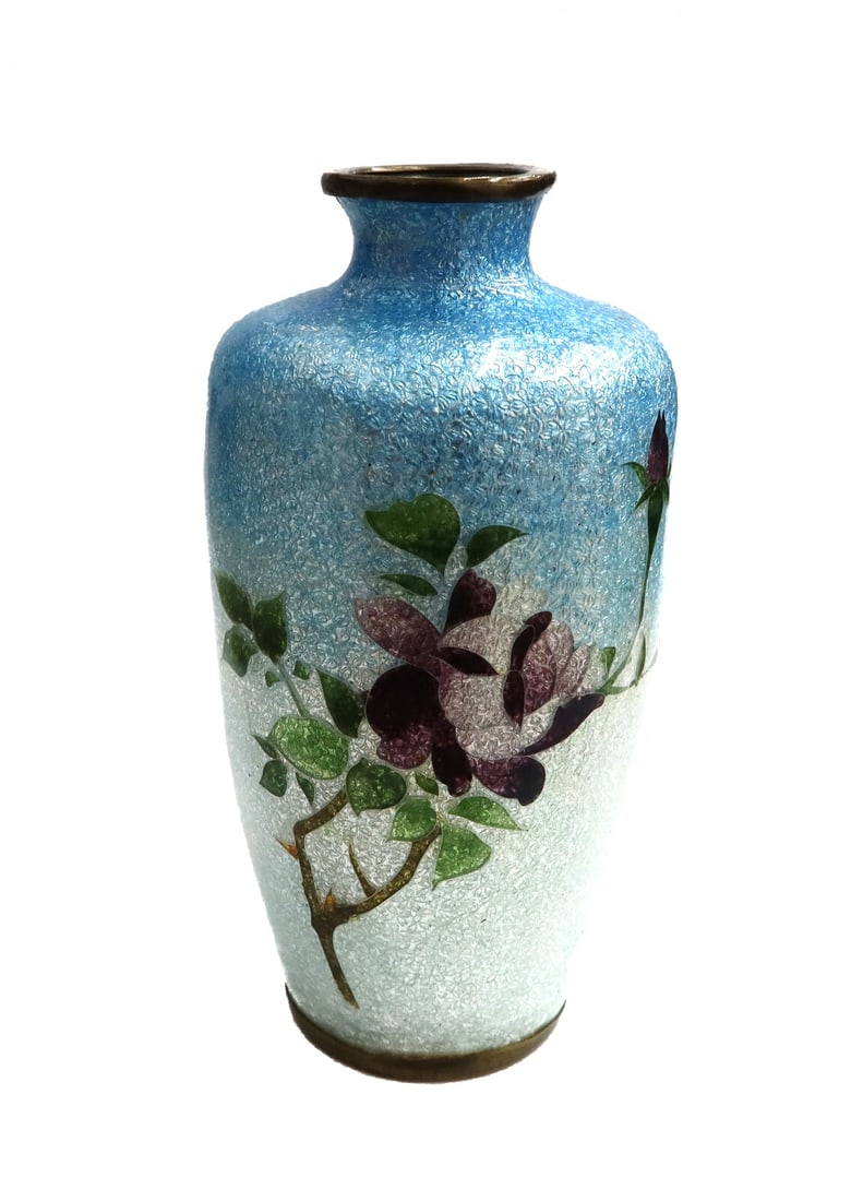 Japanese Ginbari Cloisonne Enamel Floral Vase Blue and White Meiji Period: Japanese Ginbari cloisonne enamel floral vase, Meiji Period. Light blue to white with purple flowers throughout. Weight: Approx. .5 lb Measurements: Approx. 1.6 inches diameter x 3.4 inches tall Condi