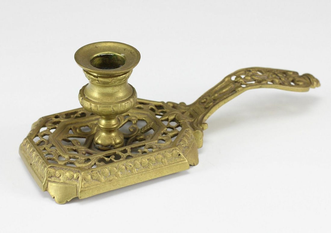 Brass Chamber Stick c18-19th Century, Reticulated Rectangular Drip Pan (1 of 4)