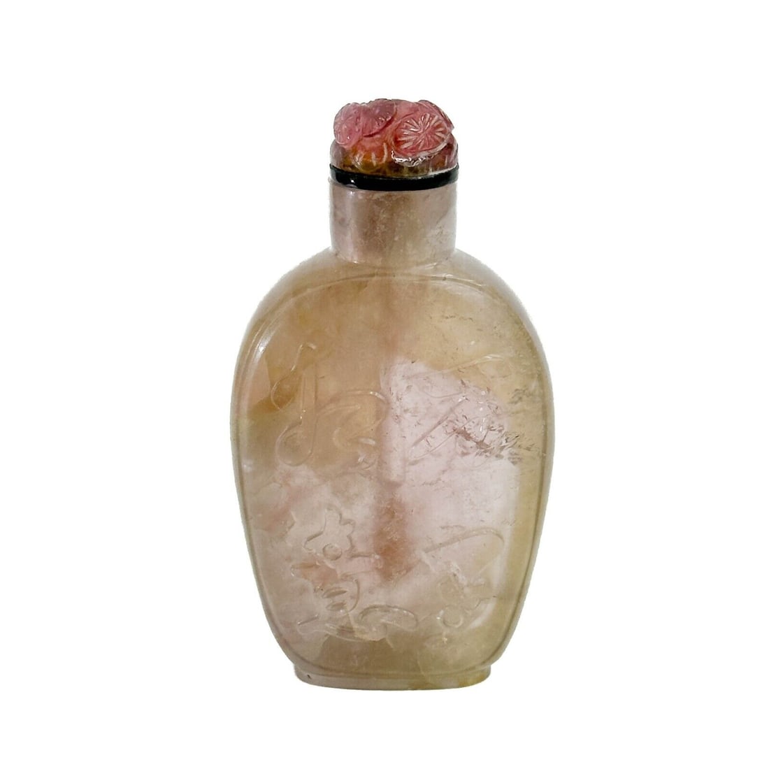 Chinese Pink and Green Tourmaline Carved Snuff Bottle circa 1860: Chinese Pink and green Tourmaline Carved Snuff Bottle. Carved chinese calligraphy to each side: wan shi ru yi (good wishes), and ma dao cheng gong (wishing success). Purple tourmaline stopper with car