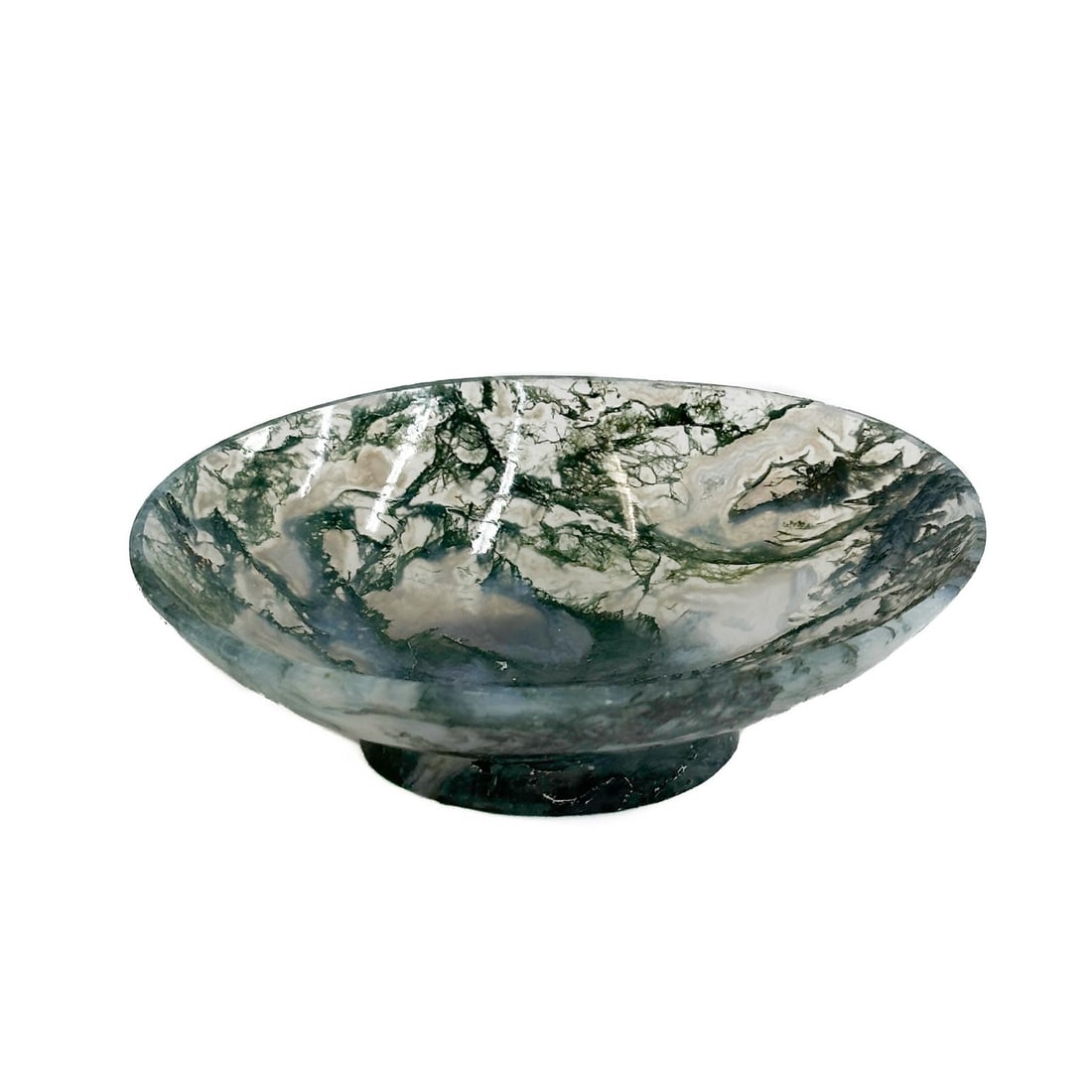 Carved Dendritic Moss Agate Small Bowl mid century: Carved Dendritic or Moss Agate Small Bowl, mid century. Weight: Approx. 66g Measurements: Approx. 3.75 inches x 2.825 inches x 1.125 inches Condition: Very good overall condition, minute occlusions or