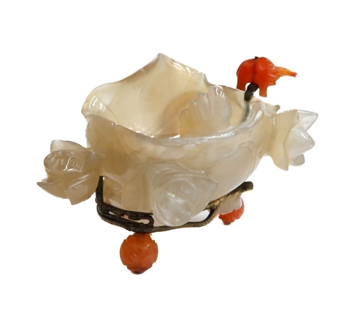 Chinese and Gilt Metal Agate and Carved Carnelian Elephant Brush Pot (1 of 9)