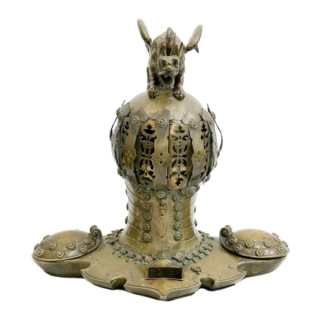 European Patinated Bronze Knight's Helmet Smoking Stand Cigar Cigarette Holder (1 of 9)