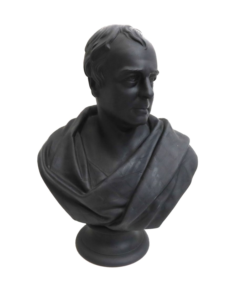 Wedgwood England Black Basalt Bust of Sir Walter Scott 19th Century: Wedgwood England Black Basalt Bust of Sir Walter Scott. The sculpture depicts Sir. Walter Scott, a Scottish historical novelist, poet, and playwright in the 19th Century Romanticism movement. Wedgwood