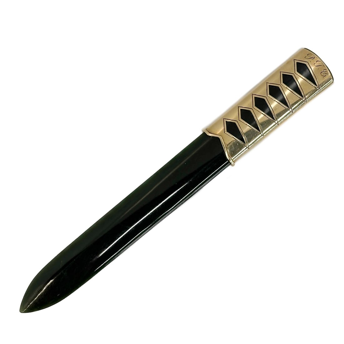 Asprey & Co Nephrite Jade 9k Yellow Gold Mounted Letter Opener with Box: Asprey & Co Nephrite Jade and 9k Yellow Gold Mounted Letter Opener. Gold mount engraved monogram to top edge "P.T.C." Back of gold mount with Asprey hallmarks. With original fitted box. Weight: Approx