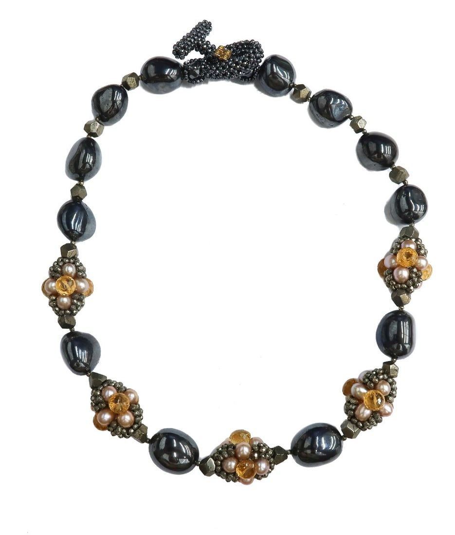 Chris Davies 18k Yellow Gold Hematite Pyrite Cultured Pearl Citrine Necklace: Chris Davies 18k yellow gold multi-stone necklace. Hematite measuring approximately from 17.2mm to 19mm. Faceted citrine, pyrite, and cultured pearls that measures approximately from 5.7mm to 6.3mm. C