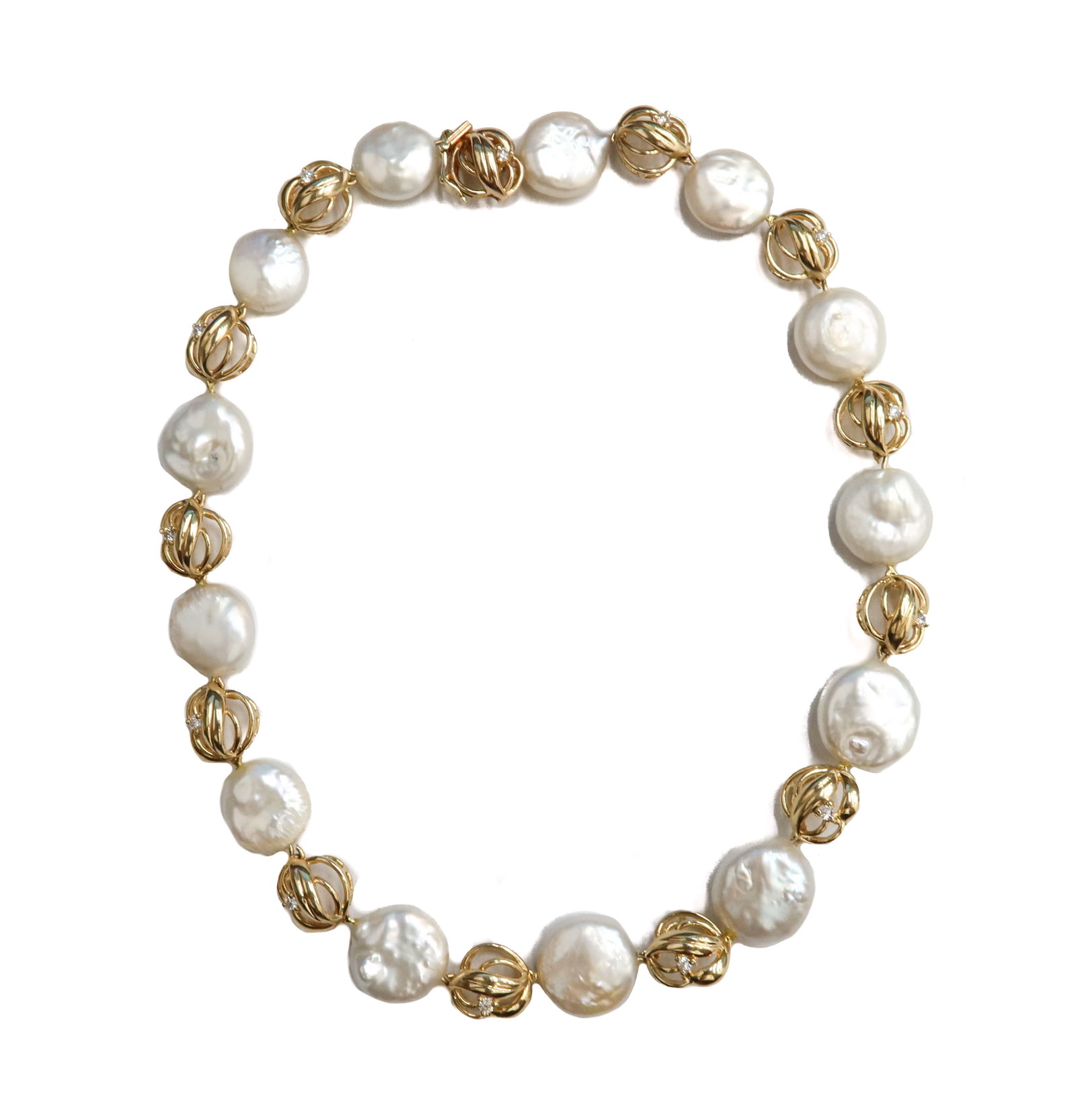 14k Yellow Gold Coin Cultured Pearls and Diamond Necklace: 14k Yellow Gold Coin Cultured Pearls and Diamond Necklace. 13 Coin cultured pearls measuring approximately 12.02mm diameter with 13 round cut diamonds to gold spacers weighing approximately 0.39 carat