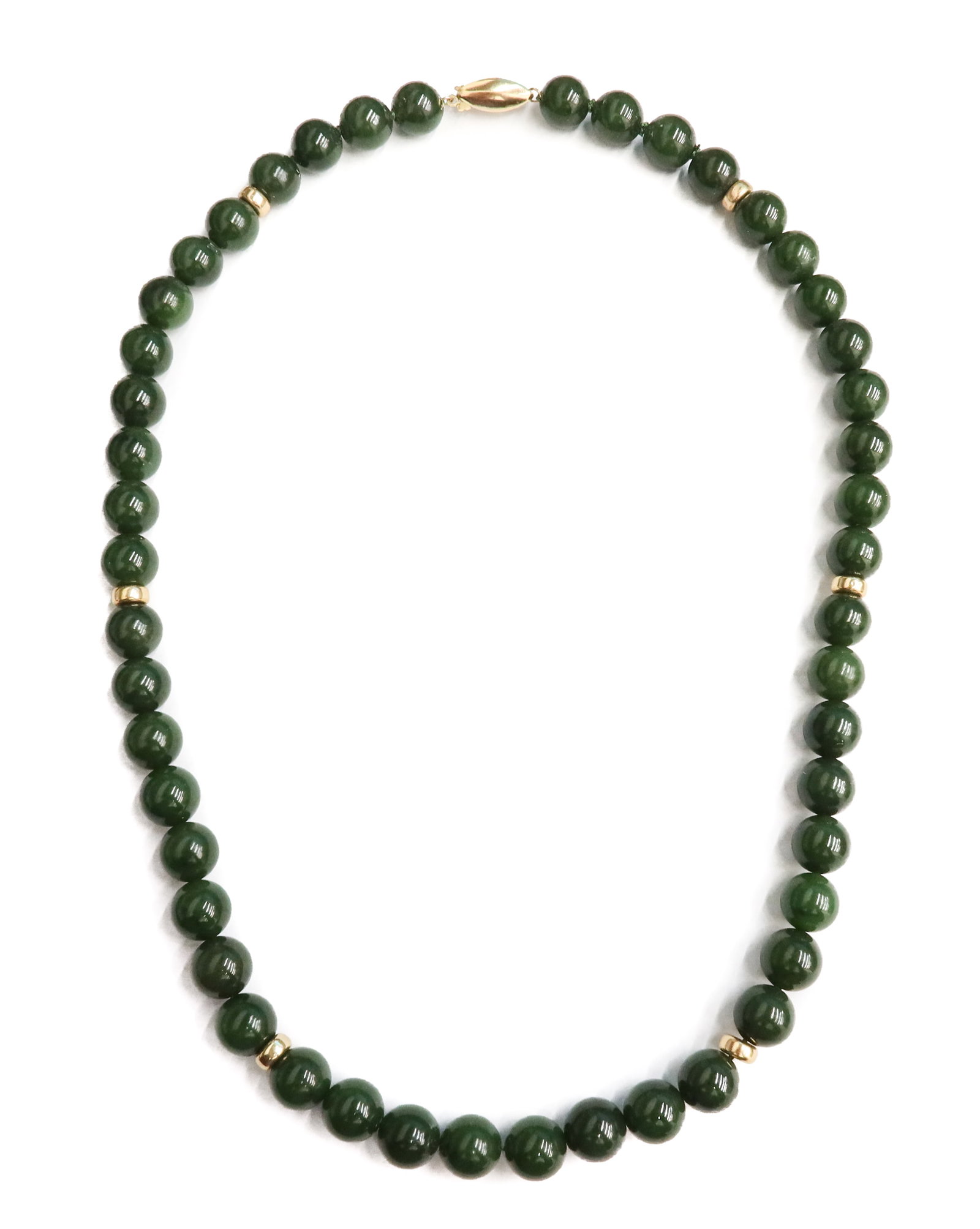 14k Yellow Gold and Jade Beaded Necklace: 14k Yellow Gold and Jade Beaded Necklace. 48 jade beads measuring approximately 10.32mm. Marked 14k to clasp. Weight Approx., 76.46 grams Measures Approx., 20.5 inches length Domestic Shipping:$25