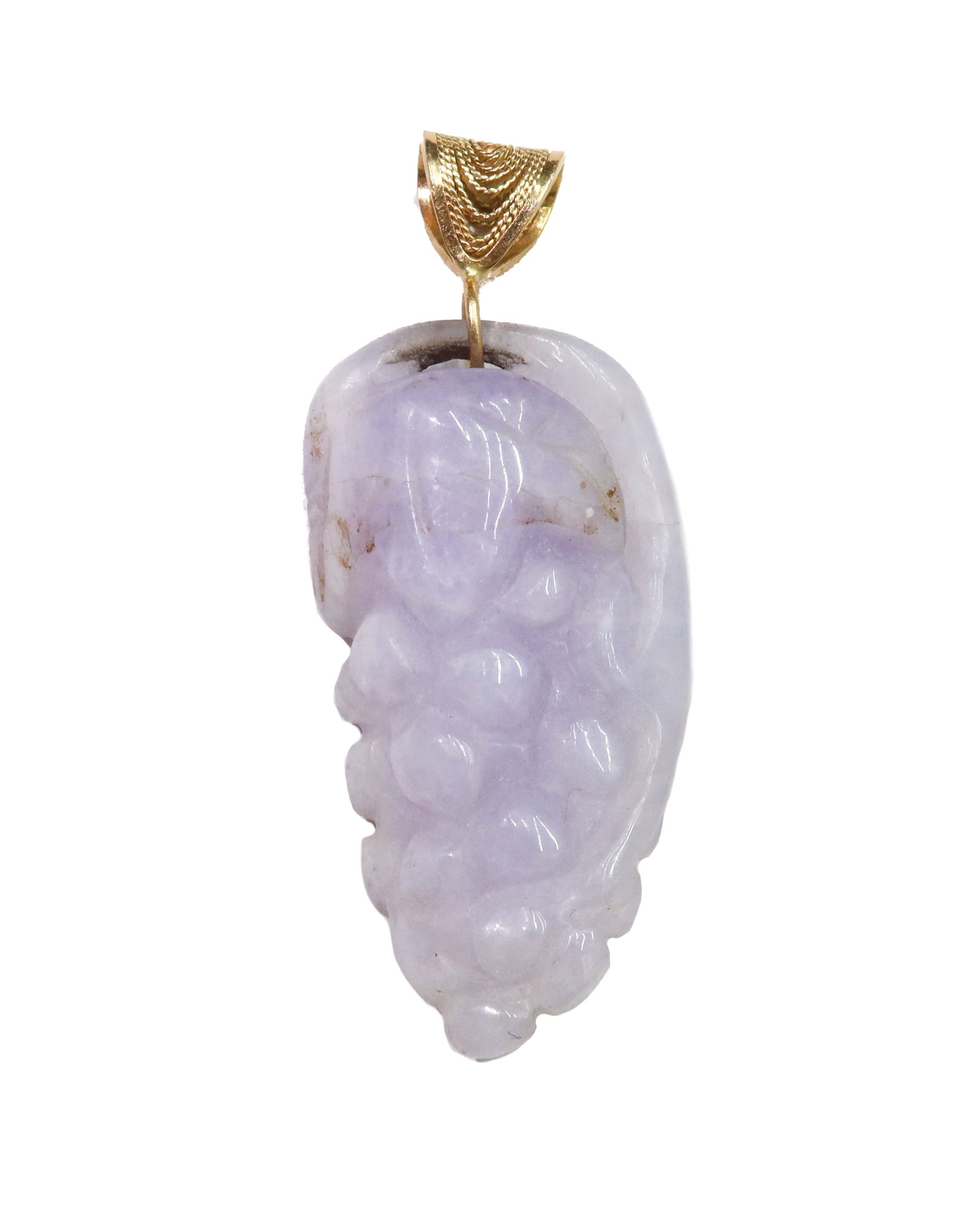 14k Yellow Gold and Lavender Jade Grape Necklace Pendant: 14k Yellow Gold and Lavender Jade Grape Necklace Pendant. Carved bunch of grapes to pendant. Filigree gold hook that tests for 14k gold. Weight Approx., 6.40 grams Measures Approx., 1.75 inches x 0.75