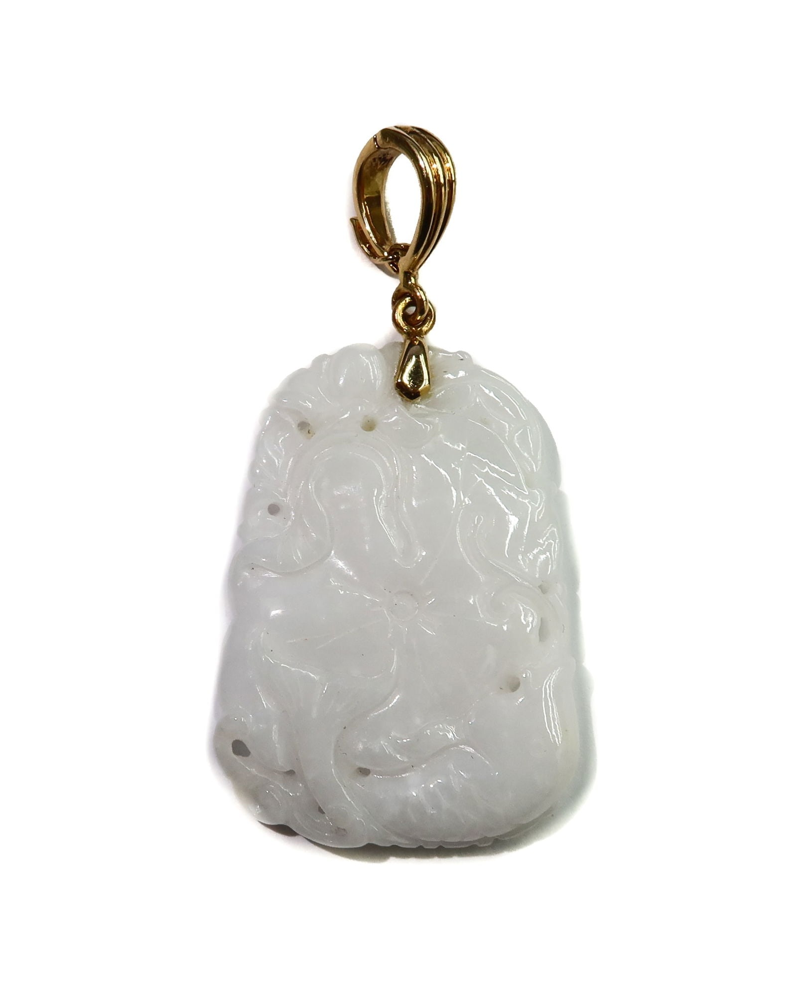 Gump's 14k Yellow Gold White Jade Carved Pendant Charm.: Gump's 14k Yellow Gold White Jade Carved Pendant Charm. Engraved florals throughout. Marked Gump's 14k to hook.