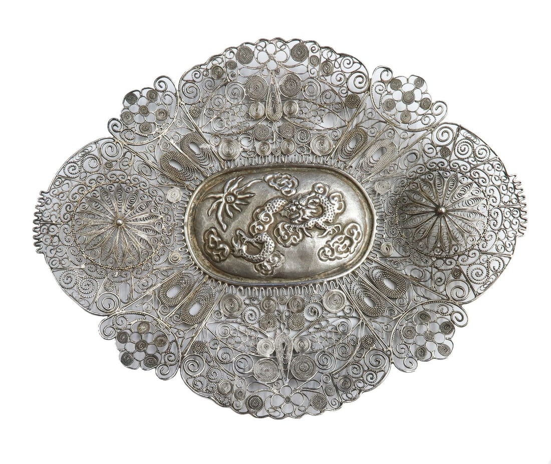 Yao Quan Xing 900 Silver Repousse Dragon Filigree Rim Dish Early 20th Century (1 of 9)
