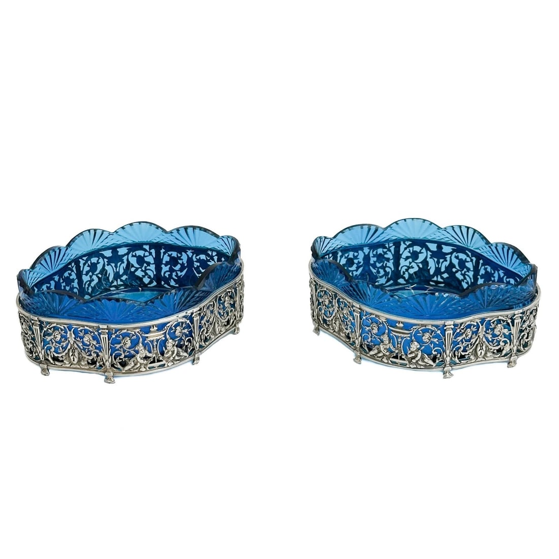 Pair Martial Gauthier French 800 Pierced Silver Blue Glass Open Salts c 1900: Pair Martial Gauthier French 800 Pierced Silver Mounted Blue Glass Open Salt Bowls, circa 1900. Ornate pierced silver mounts, blue glass liners. Silver with Martial Gauthier maker's marks, French
