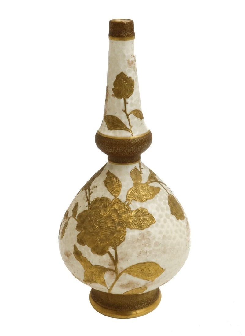 Wedgwood England Porcelain Bud Vase Raised Gilt Flowers circa 1880: Wedgwood England porcelain bud vase, circa 1880. Globular shaped with cream ground and honeycomb texture. Hand painted raised gilt leaves and flowers throughout. Wedgwood mark to underside. Weight: Ap