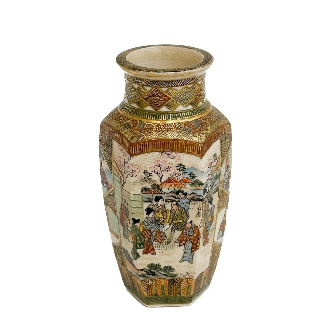 Japanese Satsuma Hand Painted Porcelain Hexagonal Vase Meiji period: Japanese Satsuma hand painted porcelain hexagonal vase, Meiji period. Hand painted scenes of figures to the body, gilt accents. Apparently unmarked. Weight: Approx. .5 lb Measurements: Approx. 2.375 i