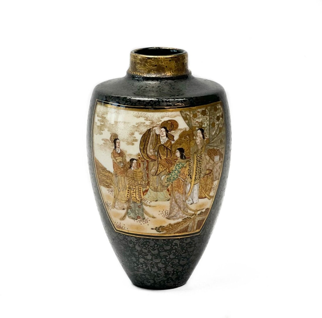 Japanese Satsuma Hand Painted Porcelain Miniature Vase: Japanese Satsuma Hand Painted Porcelain Miniature Vase, Meiji period. A grey ground to the body with an ornate raised foliate design emulating steel. Panels of figures on either side wearing tradition