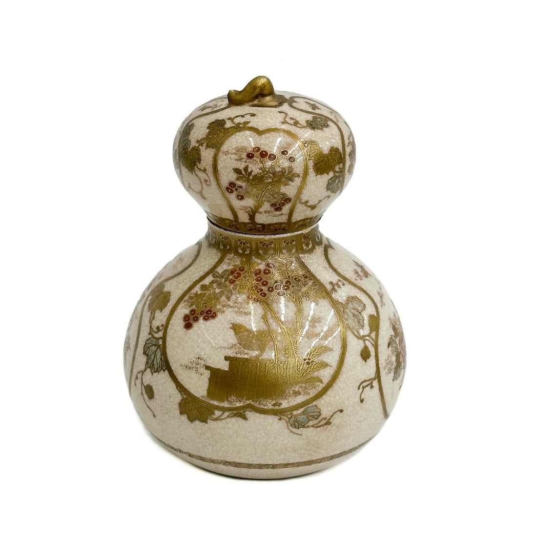 Japanese Satsuma Hand Painted Porcelain Gourd Form Covered Urn Box Meiji period: Japanese Satsuma hand painted porcelain Gourd Form Covered urn or box, Meiji period. Gilt decoration to the body of florals and birds. Apparently unmarked. Weight: Approx. 1.5 lb Measurements: Approx.