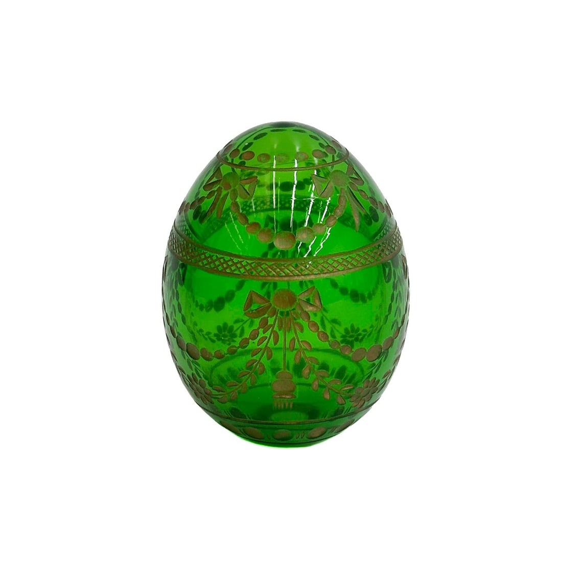 Faberge Gilt Intaglio Cut Green Glass Egg Garlands and Ribbons (1 of 5)