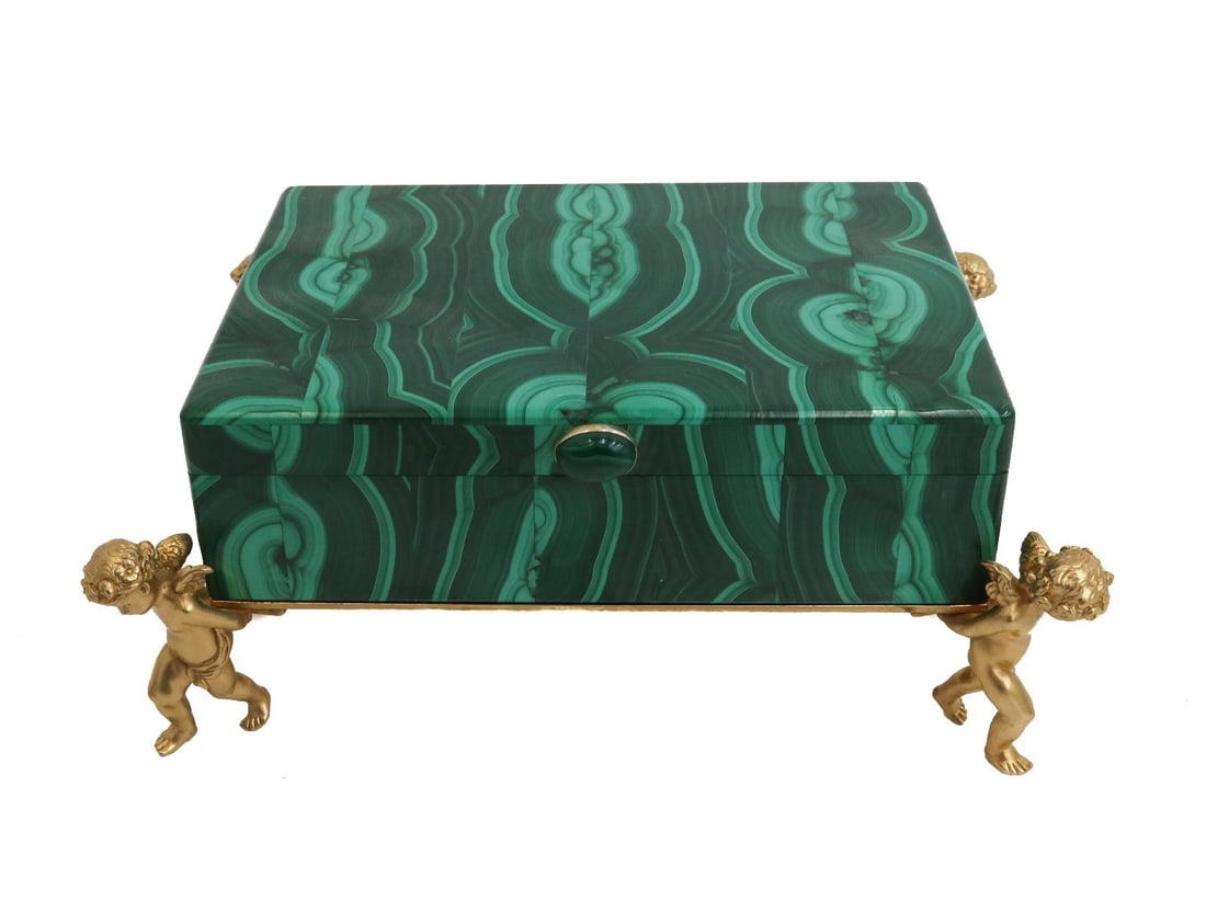 Malachite and Gilt Metal Cherub Putti Footed Jewelry Box 20th Century (1 of 8)