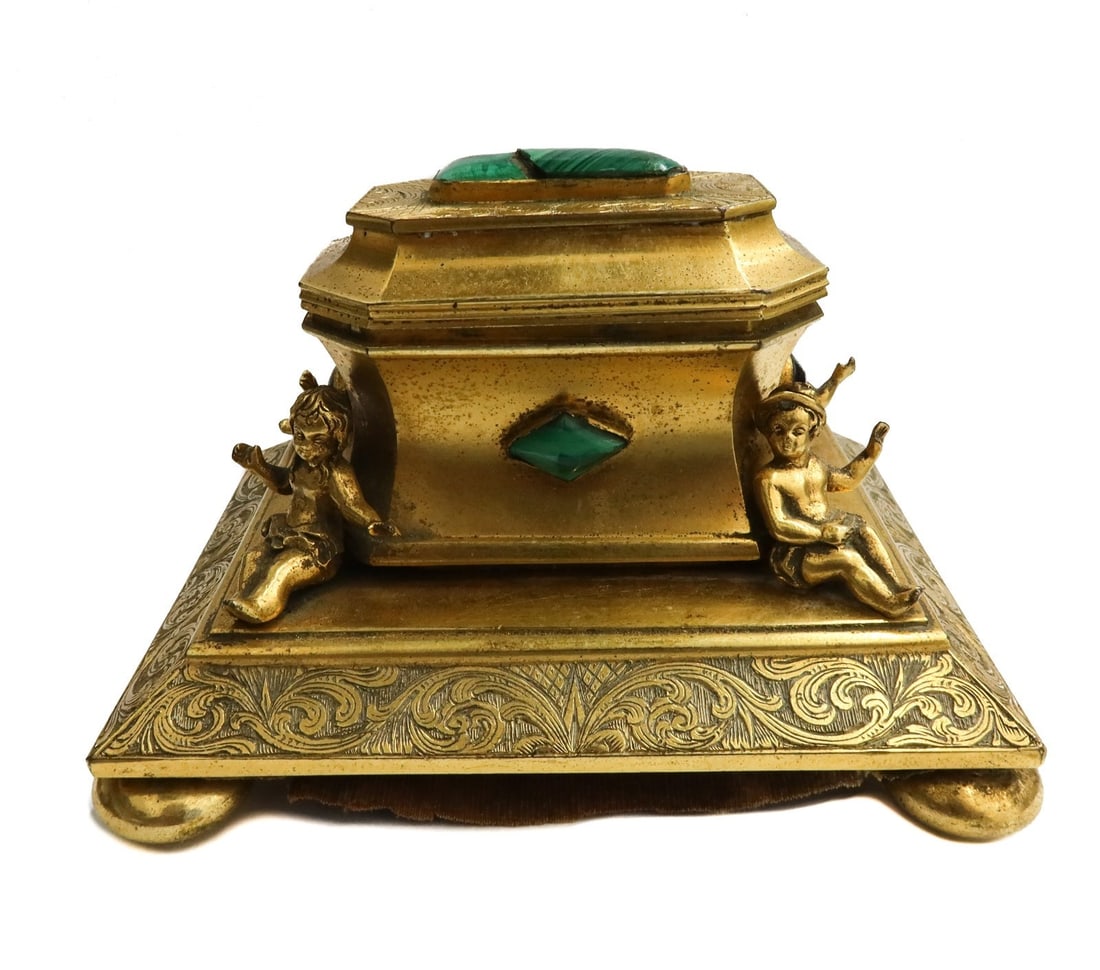 Continental Gilt Metal Multi Jeweled Malachite and Garnet Footed Inkwell 19th C (1 of 10)