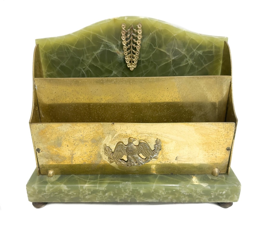 German Green Onyx and Gilt Metal 2 Compartment Letter Holder Early 20th C (1 of 9)