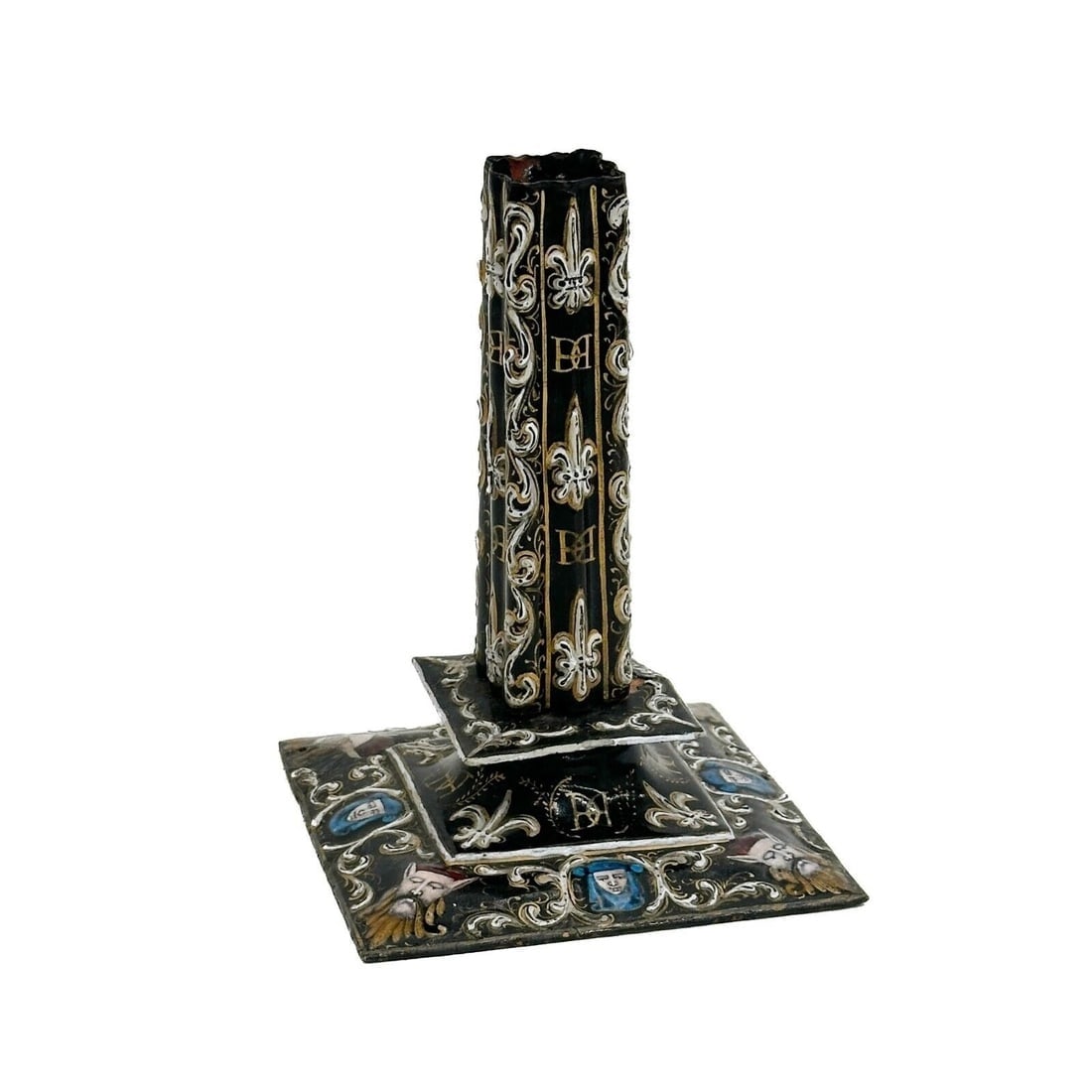 Limoges Enameled Candlestick Black Painted Portraits 19th century: Limoges Enameled Candlestick, 19th century. A black ground decorated with white and gilt foliate decoration, portraits to the base. Stylized monogram "DD" throughout Weight: Approx. .5 lb Measurements