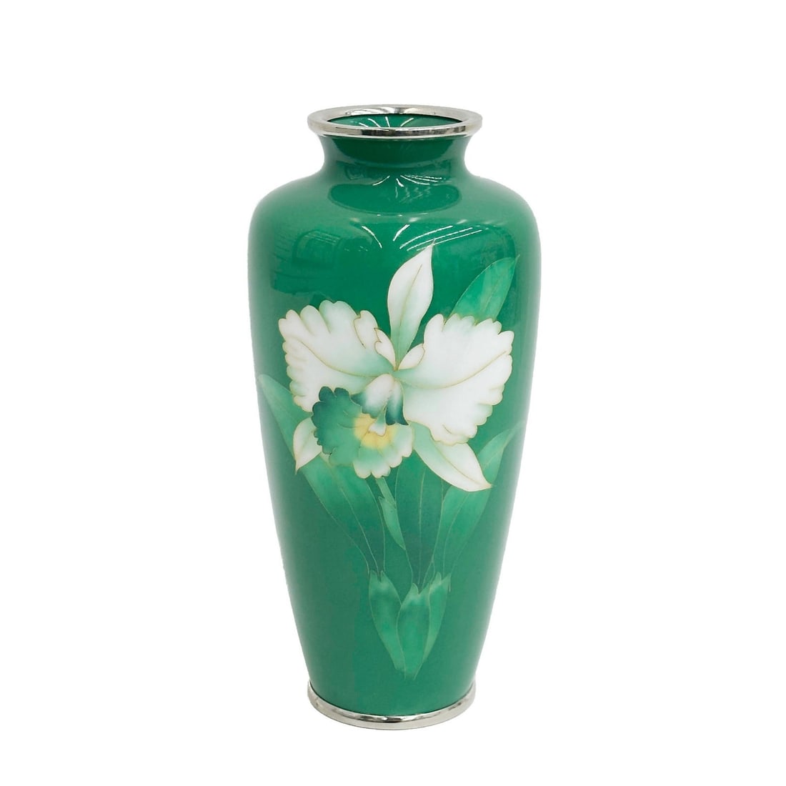 Inaba Japanese Cloisonne Green Enamel Vase White Orchid: Inaba Japanese Cloisonne Green Enamel Vase. A green ground decorated with a white orchid. Underside with Inaba Shichiho mark Weight: Approx. 1.5 lbs Measurements: Approx. 4 inches diameter x 8.5 inche